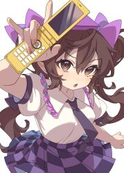 Rule 34 | 1girl, arm up, brown eyes, brown hair, cellphone, checkered clothes, checkered skirt, e sdss, flip phone, frilled shirt collar, frills, from above, hair between eyes, highres, himekaidou hatate, holding, holding phone, long hair, looking at viewer, open mouth, phone, puffy short sleeves, puffy sleeves, short sleeves, simple background, skirt, solo, touhou, twintails, very long hair, white background