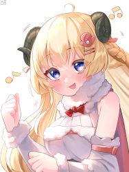 Rule 34 | 1girl, :p, ahoge, bare shoulders, blonde hair, blush, bow, bowtie, braid, breasts, brooch, commentary request, detached sleeves, dress, fur-trimmed dress, fur-trimmed sleeves, fur trim, hair ornament, hairpin, highres, hololive, horns, jewelry, long sleeves, looking at viewer, magowasabi, medium breasts, musical note, purple eyes, red bow, red bowtie, sheep girl, sheep horns, signature, solo, tongue, tongue out, tsunomaki watame, tsunomaki watame (1st costume), twitter username, virtual youtuber, white dress