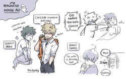 Rule 34 | 3boys, alternate universe, anger vein, artist name, bakugou katsuki, blank eyes, blonde hair, boku no hero academia, closed eyes, collared shirt, commentary, commentary request, cup, door, english commentary, english text, ghost, green hair, grey pants, hand in pocket, holding, holding cup, holding strap, looking at another, male focus, midoriya izuku, minibuddy, multiple boys, open mouth, orange bag, pants, punching, shirt, short hair, short sleeves, shouting, simple background, slamming door, smile, speech bubble, spiked hair, standing, thai commentary, todoroki shouto, white background, white shirt