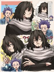 Rule 34 | !?, 2boys, bags under eyes, black hair, black shirt, bloodshot eyes, blue shirt, boku no hero academia, crossed arms, cup, eraser head (boku no hero academia), facial hair, frown, goatee, grey scarf, hair between eyes, highres, holding, holding cup, holding spoon, male focus, messy hair, multiple boys, mustache, one eye closed, open mouth, purple hair, rnuyvm, scar, scar on face, scarf, shinsou hitoshi, shirt, spoon, sweatdrop, thought bubble, translation request