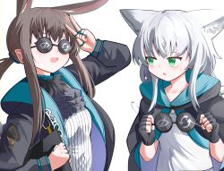 Rule 34 | 2girls, :d, absurdres, amiya (arknights), animal ear fluff, animal ears, arknights, arm up, arrow (symbol), black cloak, black gloves, black jacket, blush, breasts, brown hair, cat ears, cat girl, cat tail, cloak, dress, fingerless gloves, glint, gloves, green eyes, grey hair, hair between eyes, highres, holding, holding removed eyewear, hood, hood down, hooded cloak, hooded jacket, jacket, jewelry, long hair, long sleeves, looking at another, multiple girls, open clothes, open jacket, open mouth, parted lips, ponytail, puffy long sleeves, puffy sleeves, rabbit ears, ring, rosmontis (arknights), shirt, sidelocks, simple background, small breasts, smile, spam (spamham4506), sunglasses, sweat, tail, unworn eyewear, very long hair, white background, white dress, white shirt