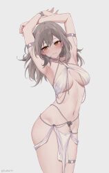 Rule 34 | 1girl, absurdres, armlet, armpits, arms up, bare shoulders, bedlah, belly dancing, bracelet, breasts, chain, commentary, cowboy shot, earrings, feint721, grey hair, highres, honkai: star rail, honkai (series), jewelry, long hair, medium breasts, navel, neck ring, pelvic curtain, revealing clothes, solo, standing, stelle (honkai: star rail), stomach, thighlet, thighs, trailblazer (honkai: star rail), twitter username, yellow eyes