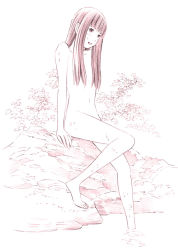 Rule 34 | 1girl, barefoot, convenient censoring, feet, hair censor, long hair, monochrome, nude, onsen, original, sketch, solo, traditional media, yoshitomi akihito