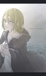 Rule 34 | 1girl, absurdres, aqua eyes, beach, blonde hair, bottle, bruise, bruise on face, collarbone, crying, crying with eyes open, evillious nendaiki, grey cloak, hair between eyes, hair down, highres, holding, holding bottle, injury, kagamine rin, letterboxed, looking afar, message in a bottle, mourning, muted color, ocean, open mouth, paripariparingo, partially submerged, regret message (vocaloid), riliane lucifen d&#039;autriche, short hair, solo, song name, streaming tears, tears, vocaloid, wavy eyebrows
