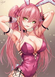 Rule 34 | 1girl, animal ears, arms behind head, arms up, bare shoulders, breasts, cleavage, collarbone, covered navel, cross-laced clothes, earrings, fake animal ears, fake tail, gradient background, green eyes, hair between eyes, highleg, highleg leotard, highres, jewelry, large breasts, leotard, long hair, looking at viewer, original, pink hair, pink leotard, playboy bunny, rabbit ears, rabbit tail, sakiyamama, smile, solo, tail, twintails, upper body, very long hair