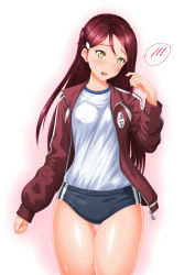 Rule 34 | 1girl, buruma, character name, check commentary, cocoa (cocoa0191), commentary request, cowboy shot, gym shirt, gym uniform, hand to own mouth, hand up, head tilt, jacket, long hair, looking at viewer, love live!, love live! sunshine!!, name tag, nervous, open clothes, open jacket, red background, red hair, red jacket, sakurauchi riko, shirt, shirt tucked in, single bang, solo, spoken blush, sweatdrop, thigh gap, thighs, track jacket, white shirt, yellow eyes