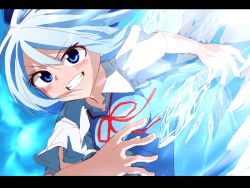 Rule 34 | 1girl, blouse, blue bow, blue dress, blue eyes, blue hair, blush, bow, breasts, cirno, cleavage, collarbone, collared shirt, cryokinesis, dress, grin, hair bow, highres, ice, ice wings, letterboxed, light blue hair, medium breasts, neck ribbon, puffy short sleeves, puffy sleeves, ribbon, shinmon akika, shirt, short sleeves, smile, solo, touhou, white shirt, wings