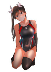 Rule 34 | 1girl, asymmetrical legwear, black gloves, black socks, breasts, brown hair, closed mouth, competition swimsuit, elbow gloves, gloves, hair ribbon, hieda (hiedanoaqn), highres, kantai collection, kneehighs, kneeling, long hair, medium breasts, one-piece swimsuit, ribbon, simple background, single elbow glove, single kneehigh, single sock, single thighhigh, sitting, socks, solo, swimsuit, thighhighs, tone (kancolle), twintails, uneven legwear, white background