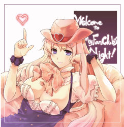 Rule 34 | 1girl, blonde hair, bow, breasts, cleavage, cowboy hat, hair ornament, hairclip, hand on own face, hat, heart, hirokawa tomo, large breasts, long hair, macross, macross frontier, macross frontier: itsuwari no utahime, pointing, purple eyes, revision, sheryl nome, sitting, smile, solo, cowboy western, wrist cuffs