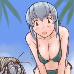 Rule 34 | 00s, 1girl, bikini, breasts, cleavage, crustacean, female focus, hermit crab, large breasts, lowres, aged up, outdoors, rozen maiden, silver hair, sky, solo, suigintou, swimsuit, tsuda nanafushi