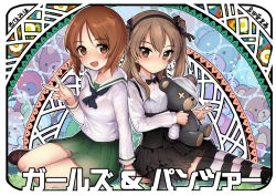 Rule 34 | 2girls, arm support, back-to-back, bandages, black border, black legwear, black neckwear, black ribbon, black skirt, blouse, blush, boko (girls und panzer), border, bow, bowtie, bra visible through clothes, bralines, brown eyes, brown footwear, brown hair, casual, character name, closed mouth, collared shirt, commentary request, copyright name, from side, girls und panzer, green skirt, hair between eyes, hair ribbon, high-waist skirt, holding, holding stuffed toy, layered skirt, legs together, light brown hair, loafers, long hair, long sleeves, looking at viewer, miniskirt, multiple girls, nakasone haiji, neckerchief, nishizumi miho, one side up, ooarai school uniform, open mouth, parted bangs, pleated skirt, ribbon, rounded corners, sailor collar, school uniform, see-through, serafuku, shimada arisu, shirt, shoes, short hair, sitting, skirt, smile, striped clothes, striped legwear, striped thighhighs, stuffed animal, stuffed toy, suspender skirt, suspenders, teddy bear, thighhighs, translated, v, white legwear, white sailor collar, white shirt, yokozuwari