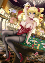 Rule 34 | 1girl, arm behind head, artist name, bare arms, bare shoulders, between breasts, black pantyhose, blonde hair, blue eyes, blurry, blurry background, bokeh, bow, bowtie, breasts, casino, casino card table, chips (food), claire harvey, cleavage, commentary, commission, covered erect nipples, depth of field, detached collar, earrings, english commentary, eyelashes, food, full body, hair between eyes, hair ornament, hair ribbon, high heels, highleg, highleg leotard, highres, hundred (light novel), indoors, jewelry, large breasts, legs, leotard, long hair, nail polish, pantyhose, parted lips, patent heels, playboy bunny, poker chip, pumps, red bow, red bowtie, red footwear, red leotard, red nails, ribbon, ryuuneart, shadow, shoes, sitting, slot machine, solo, spread legs, stiletto heels, strapless, strapless leotard, table, thighs, traditional bowtie, twintails