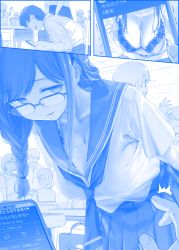 Rule 34 | 6+girls, bag, blue theme, bra, braid, breasts, cellphone, classroom, cleavage, comic, commentary, desk, getsuyoubi no tawawa, glasses, head out of frame, himura kiseki, hokuro-chan (tawawa), holding, holding phone, indoors, lace, lace-trimmed bra, lace-trimmed panties, lace trim, large breasts, leaning forward, long braid, long hair, looking at another, mole, mole on body, mole under mouth, monochrome, multiple girls, navel, panties, parted lips, phone, pleated skirt, pov, school uniform, serafuku, short sleeves, silent comic, skirt, smartphone, underwear