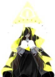 Rule 34 | 1girl, absurdres, bill cipher, black dress, brown hair, capelet, dress, facing viewer, female focus, glowing, gravity falls, guozijam, halo, highres, lace trim, liquid, long hair, long sleeves, looking at viewer, mabel pines, one-eyed, one eye covered, outstretched arms, puppet strings, simple background, solo, starry sky print, string, tetrahedron, triangle, two-sided fabric, veil, very long hair, wet, white background, white capelet, yellow theme