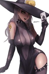 Rule 34 | 1girl, ace (playing card), ace of spades, bare shoulders, between fingers, black dress, black eyeliner, black gloves, black hat, black lips, breasts, card, card between fingers, collar, cowboy shot, dark persona, dress, elbow gloves, eyelashes, eyeliner, fishnet thighhighs, fishnets, flower, flower tattoo, gloves, grey hair, hair ornament, hairclip, hand up, hat, hat flower, highres, holding, holding card, large breasts, lips, lipstick, long hair, looking at viewer, makeup, niijima sae, parted lips, persona, persona 5, playing card, pppppknw, rose, shadow sae, shoulder tattoo, side slit, solo, spade (shape), spiked collar, spikes, sun hat, tattoo, thighhighs, twitter username, wavy hair, yellow eyes, yellow flower, yellow rose