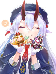 Rule 34 | 1girl, beret, bow, candy, capelet, character doll, closed eyes, doll, eyelashes, fate/grand order, fate (series), food, gloves, gradient neckwear, hair between eyes, hair bow, hat, hat ornament, heart, highres, holding, holding doll, horns, ibaraki douji (fate), izumi (snocs13), jacket, lollipop, long hair, mitsudomoe (shape), necktie, purple capelet, purple hat, purple jacket, purple necktie, red bow, red necktie, shuten douji (fate), silver hair, skin-covered horns, smile, solo, speech bubble, spoken heart, tomoe (symbol), tomoe gozen (fate), upper body, very long hair, white gloves