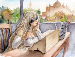 Rule 34 | 10s, 1girl, artist request, bare shoulders, blindfold, blonde hair, braid, breast rest, breasts, character doll, cleavage, commentary request, day, detached sleeves, dress, frank leung, french braid, goblin slayer, goblin slayer!, gold trim, hand on own face, heart, large breasts, leaning forward, long hair, painting (medium), quill, sitting, smile, solo, strapless, strapless dress, stuffed toy, sword maiden, traditional media, very long hair, watercolor (medium), white dress