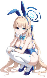 Rule 34 | 1girl, absurdres, animal ears, blonde hair, blue archive, blue eyes, blue footwear, blue leotard, blush, braid, chelly (glisten chelly), closed mouth, fake animal ears, fake tail, full body, high heels, highres, leotard, long hair, official alternate costume, rabbit ears, rabbit tail, simple background, solo, strapless, strapless leotard, tail, thighhighs, toki (blue archive), toki (bunny) (blue archive), white background, white thighhighs