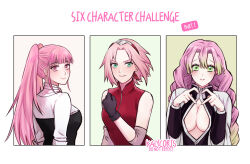 Rule 34 | 3girls, black gloves, braid, breasts, cleavage, cleavage cutout, clenched hand, clothing cutout, color connection, commentary, demon slayer uniform, english commentary, fire emblem, fire emblem: three houses, forehead protector, gloves, green eyes, green hair, hair color connection, hairband, haori, haruno sakura, heart, heart hands, highres, hilda valentine goneril, japanese clothes, kalycoris, kanroji mitsuri, kimetsu no yaiba, large breasts, long hair, medium breasts, medium hair, mole under each eye, mole under eye, multiple girls, multiple moles, naruto (series), naruto shippuuden, nintendo, pink eyes, pink hair, red hairband, sidelocks, twin braids, twintails