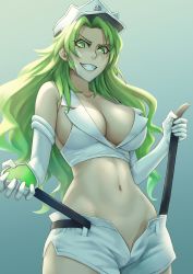 Rule 34 | 1girl, absurdres, belt, bleach, bleach: sennen kessen-hen, breasts, candice catnipp, cleavage, collarbone, elbow gloves, female focus, gloves, green eyes, green hair, grin, hat, heart belt, highres, holding, holding belt, large breasts, long hair, looking at viewer, matching hair/eyes, midriff, navel, revealing clothes, shorts, smile, solo, teeth, unbuttoned, white gloves, white hat, white shorts