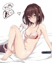 Rule 34 | 10s, 1girl, bed sheet, blush, bra, breasts, brown eyes, brown hair, character name, closed mouth, come hither, feet, hair between eyes, heart, kantai collection, lifting covers, looking at viewer, medium breasts, navel, on bed, panties, panties around ankles, panties around knees, unworn panties, panty pull, pink bra, pink panties, rizzl, seductive smile, sendai (kancolle), short hair, signature, simple background, single thighhigh, smile, solo, thighhighs, toes, torpedo, twintails, two side up, underwear, underwear only, white background