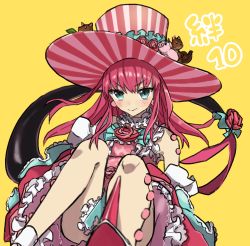 Rule 34 | &gt;:&gt;, 10s, 1girl, :&gt;, absurdres, aqua eyes, bad id, bad pixiv id, bare shoulders, blush, closed mouth, collar, detached sleeves, dress, elizabeth bathory (fate), elizabeth bathory (fate/extra ccc), elizabeth bathory (third ascension) (fate), fang, fang out, fate/extra, fate/extra ccc, fate (series), feet out of frame, fins, fish tail, flower, foreshortening, frilled collar, frilled dress, frills, hair ornament, hat, highres, long hair, looking at viewer, polka dot, polka dot dress, rose, sitting, solo, striped clothes, striped headwear, tail, teshima nari, v-shaped eyebrows, vertical-striped clothes, vertical-striped headwear, yellow background