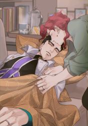 Rule 34 | 2boys, alternate costume, artist name, black hair, blanket, casual, closed mouth, coat, couch, cup, dated, earrings, closed eyes, gabari, green shirt, husband and husband, indoors, jewelry, jojo no kimyou na bouken, kakyoin noriaki, kiss, kissing forehead, kuujou joutarou, long sleeves, lying, male focus, mug, multiple boys, no headwear, no headwear, on back, on couch, picture frame, pillow, red hair, ring, shirt, short hair, sleeping, sleeves rolled up, thick eyebrows, covering with blanket, vento aureo, wedding band, white coat, yaoi