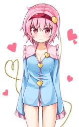 Rule 34 | 1girl, blue shirt, blush, breasts, cleavage, closed mouth, collarbone, cowboy shot, frilled shirt collar, frills, frown, hairband, heart, heart of string, highres, komeiji satori, large breasts, long sleeves, looking at viewer, no pants, ominaeshi (takenoko), panties, pink eyes, pink hair, pink panties, red hairband, shirt, short hair, solo, touhou, underwear, white background, wide sleeves