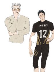 Rule 34 | 2boys, adjusting eyewear, akaashi keiji, ball, black eyes, black hair, black shirt, black shorts, bokuto koutarou, chengongzi123, commentary, cropped torso, feet out of frame, glasses, grey hair, haikyuu!!, hand on own hip, highres, holding, holding ball, knee pads, long sleeves, looking at viewer, male focus, multicolored hair, multiple boys, open mouth, shirt, short hair, short sleeves, shorts, simple background, sportswear, standing, streaked hair, symbol-only commentary, t-shirt, thick eyebrows, very short hair, volleyball uniform, white background