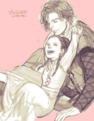 Rule 34 | 1boy, 1girl, a song of ice and fire, animification, arya stark, brother and sister, closed eyes, dress, hetero, hug, j (onose1213), jon snow, long hair, open mouth, short hair, short twintails, siblings, sitting, smile, twintails