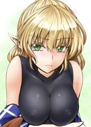 Rule 34 | 1girl, blonde hair, blush, breasts, brown hair, covered erect nipples, female focus, green eyes, large breasts, looking at viewer, mizuhashi parsee, nipples, no bra, pointy ears, short hair, simple background, skin tight, solo, tears, touhou, undressing, white background, y2