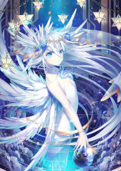 Rule 34 | 1girl, :o, bare shoulders, blue eyes, blue flower, bracelet, breasts, chain, cloud, collarbone, commentary request, crystal, dress, earth (planet), eyebrows, feathered wings, flower, from side, giant, glowing, hair between eyes, hair flower, hair ornament, head wings, head wreath, jewelry, kagachi saku, long hair, looking at viewer, multiple wings, no pupils, original, petals, planet, revision, see-through, small breasts, solo, sparkle, star (sky), star (symbol), stellated octahedron, strapless, strapless dress, veil, very long hair, white dress, wings