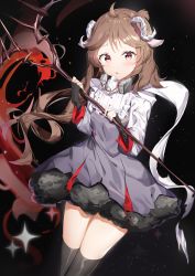 Rule 34 | 1girl, absurdres, ahoge, animal ears, arknights, black thighhighs, blush, brown hair, commentary, curled horns, dress, eyjafjalla (arknights), highres, holding, holding scythe, horns, kuse (0201), long hair, long sleeves, looking at viewer, red eyes, scarf, scythe, sheep ears, sheep horns, solo, staff, thighhighs, torn clothes, torn scarf, very long hair