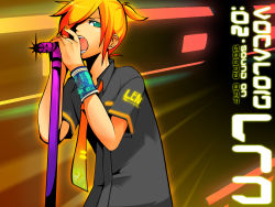 Rule 34 | 1boy, bad id, bad pixiv id, blonde hair, casual, green eyes, h e r o, hair over one eye, hero (dka), hero (pixiv), kagamine len, male focus, microphone, microphone stand, necktie, open mouth, short hair, solo, vocaloid