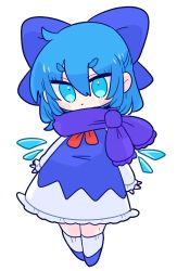 Rule 34 | 1girl, blue dress, blue eyes, blue footwear, blue hair, blue scarf, cirno, dress, fairy wings, flat chest, highres, ice, ice wings, long dress, neck ribbon, op na yarou, puffy short sleeves, puffy sleeves, red ribbon, ribbon, scarf, shirt, shoes, short hair, short sleeves, simple background, socks, solo, touhou, v-shaped eyebrows, white background, white shirt, wings