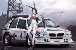 Rule 34 | 1girl, alternate costume, animal ears, azur lane, car, commission, full body, glasses, kcar66t, lancia (brand), lancia delta s4, long hair, motor vehicle, product placement, rabbit ears, race vehicle, racecar, racing suit, rally car, road, second-party source, souryuu (azur lane)