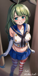 Rule 34 | 1girl, ahoge, artist name, black hairband, black neckerchief, black panties, blue eyes, blue sailor collar, blue skirt, blurry, braid, cosplay, crop top, depth of field, door, eckert&amp;eich, elbow gloves, feet out of frame, gloves, green hair, hairband, highleg, highleg panties, highres, kantai collection, long hair, microskirt, miniskirt, mole, mole under mouth, neckerchief, one-hour drawing challenge, panties, parted lips, pleated skirt, sailor collar, shimakaze (kancolle), shimakaze (kancolle) (cosplay), shirt, single braid, skirt, sleeveless, sleeveless shirt, smile, solo, striped clothes, striped thighhighs, thighhighs, twitter username, underwear, very long hair, white gloves, yuugumo (kancolle)