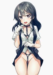 Rule 34 | 1girl, absurdres, black hair, black vest, breasts, clothes lift, cowboy shot, gloves, gluteal fold, hair ornament, hairclip, highres, kantai collection, lifted by self, long hair, medium breasts, miniskirt, navel, open mouth, oyashio (kancolle), oyashio kai ni (kancolle), pleated skirt, shirt, short sleeves, simple background, skirt, skirt lift, solo, standing, vest, white gloves, white shirt, yaegashi (muzzuleflash)