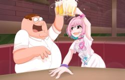 Rule 34 | 1boy, 1girl, ahoge, alcohol, arms up, bar (place), beer, beer mug, blouse, blue hair, blurry, bokeh, bracelet, breasts, brick wall, brown hair, collared shirt, commentary, crossover, cup, depth of field, english commentary, family guy, fang, fat, fat man, glasses, hair between eyes, highres, holding, holding cup, hugeldude, idolmaster, idolmaster cinderella girls, indoors, jewelry, looking at another, mug, multicolored hair, open mouth, peter griffin, pink eyes, pink hair, print shirt, ring, shirt, short hair, short sleeves, smile, t-shirt, toasting (gesture), two-tone hair, white shirt, yumemi riamu