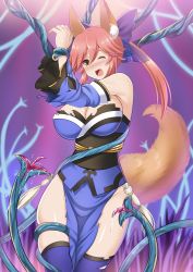 Rule 34 | 10s, 1girl, absurdres, animal ears, blush, breasts, cleavage, fate/extra, fate (series), hair ribbon, highres, japanese clothes, large breasts, licking, long hair, pink hair, restrained, ribbon, tail, tamamo (fate), tamamo no mae (fate/extra), tentacles, torn clothes, yellow eyes