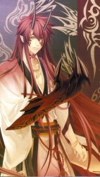 Rule 34 | 1boy, asymmetrical, asymmetrical clothes, bracelet, highres, hiiro no kakera, horns, japanese clothes, jewelry, long hair, looking at viewer, male focus, monster boy, necklace, pointy ears, purple hair, red hair, solo, takuma onizaki, tattoo, yellow eyes