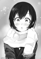 Rule 34 | 10s, 1girl, 2014, ario, artist name, blush, coat, confession, dated, grey background, greyscale, lips, long sleeves, looking at viewer, monochrome, motion lines, open mouth, original, parted lips, pov, scarf, short hair, snow, snowing, solo, surprised, sweat, text focus, wide-eyed
