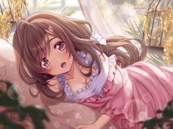 Rule 34 | 1girl, birdcage, breasts, brown eyes, brown hair, cage, cleavage, curtains, dress, eyelashes, frilled dress, frilled sleeves, frills, hair ribbon, highres, idolmaster, idolmaster shiny colors, large breasts, long sleeves, looking at viewer, lying, medium breasts, on side, open mouth, pink dress, ribbon, sallyzaemon, smile, solo, tsukioka kogane, white ribbon