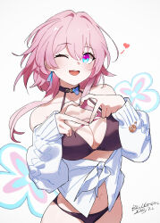 Rule 34 | 1girl, ;d, absurdres, bare shoulders, bikini, bikini under clothes, black bikini, black choker, blue eyes, chinese commentary, choker, commentary request, dated, grey background, hand up, heart, heart hands, highres, honkai: star rail, honkai (series), linpiu, long hair, long sleeves, looking at viewer, march 7th (honkai: star rail), navel, one eye closed, open mouth, pink hair, purple eyes, shirt, signature, smile, solo, stomach, swimsuit, two-tone eyes, upper body, white shirt