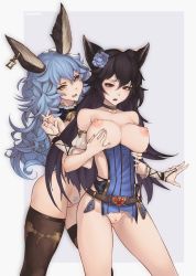Rule 34 | 2girls, absurdres, animal ears, artist name, bare shoulders, belt, black choker, black hair, blue hair, blue pubic hair, breasts, brown eyes, buckle, choker, collarbone, commentary, commission, d:, detached collar, detached sleeves, ear piercing, earrings, erune, female pubic hair, ferry (granblue fantasy), flower, frown, grabbing, grabbing another&#039;s breast, grabbing from behind, gradient background, granblue fantasy, grey background, hair between eyes, hair flower, hair ornament, heart, heart-shaped buckle, highres, jewelry, large breasts, long hair, meolucky147, multiple girls, nier (granblue fantasy), nipples, open mouth, pelvic curtain, piercing, pubic hair, puffy detached sleeves, puffy sleeves, pussy, pussy juice, sideless outfit, simple background, single earring, thighhighs, torn clothes, very long hair, yellow eyes, yuri