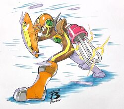 Rule 34 | 1boy, alternate color, alternate form, artist logo, bodysuit, brown bodysuit, dated, emblem, from behind, green eyes, highres, holding, holding shield, mask, mega man (series), mega man battle network (series), megaman.exe, mouth mask, pn13ban, shield, short hair, solo, spiked hair, traditional media, white background, yellow headwear