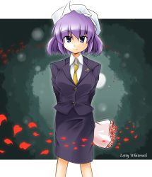 Rule 34 | 1girl, absurdres, blue eyes, bouquet, business suit, female focus, flower, formal, hat, highres, letty whiterock, miniskirt, necktie, pencil skirt, purple hair, shimanaka arihito, skirt, skirt suit, solo, suit, touhou