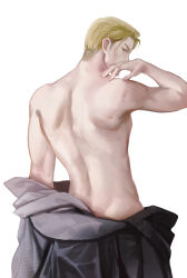 Rule 34 | 1boy, absurdres, arm at side, at wang, back, black robe, blonde hair, blue eyes, chinese commentary, clothes down, covered mouth, cowboy shot, erwin smith, from behind, hand on own shoulder, hand up, highres, looking at viewer, male focus, mole, mole on ass, mole on back, multiple moles, profile, robe, shingeki no kyojin, shoe blade, short hair, sideburns, sideways glance, solo, topless male