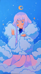 Rule 34 | 1girl, absurdres, blue eyes, blunt bangs, blush, cloud, hands up, highres, long hair, long sleeves, meyoco, no nose, original, pink hair, pink skirt, shadow, skirt, solo, traditional media, upper body