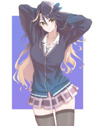 Rule 34 | 1girl, arms behind head, arms up, black hair, blonde hair, blue background, breasts, brown eyes, brown hair, brown skirt, cleavage, feather hair ornament, feathers, gradient cardigan, gradient hair, grey thighhighs, hair ornament, highres, large breasts, long hair, looking at viewer, lua asuka, miniskirt, multicolored hair, necktie, outside border, plaid, plaid skirt, pleated skirt, production kawaii, ryus, simple background, skirt, smile, solo, thighhighs, very long hair, virtual youtuber, white background, zettai ryouiki